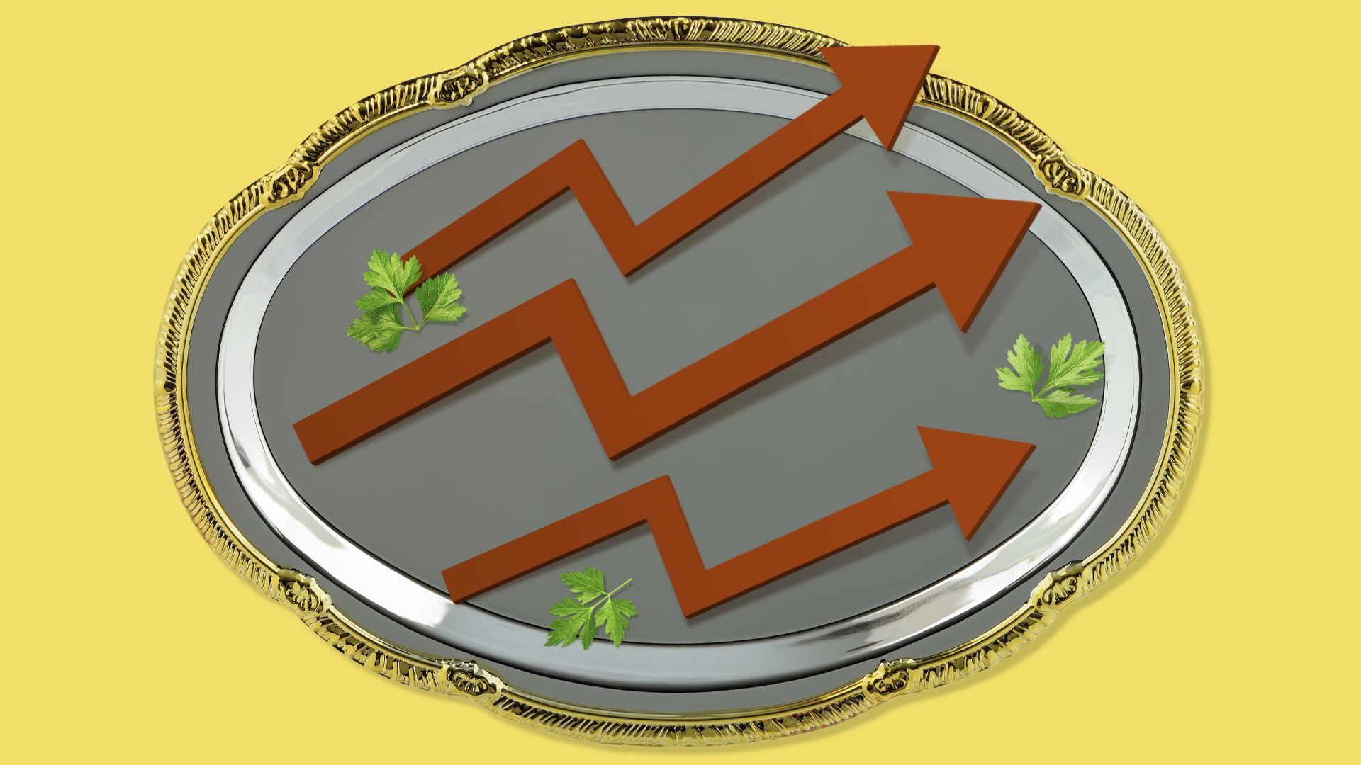 Illustration of a large platter with upward trending arrows arranged with sprigs of parsley
