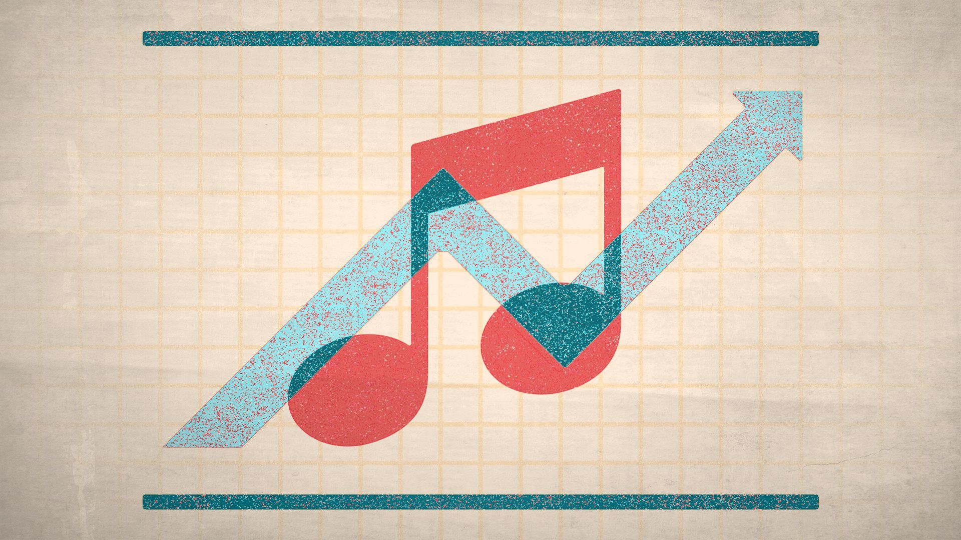 Illustration of an upward trending chart with a musical note behind the arrow, in the style of a concert poster.