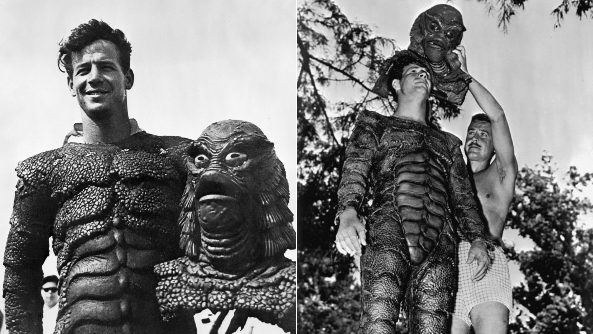 Two black-and-white photos. On left, a man in a scaly monster suit from the neck down smiles while holding the head of the suit, a creepy scaly monster with a blank expression. On right, a man in white swim trunks helps the man on the left put the head of the costume on.