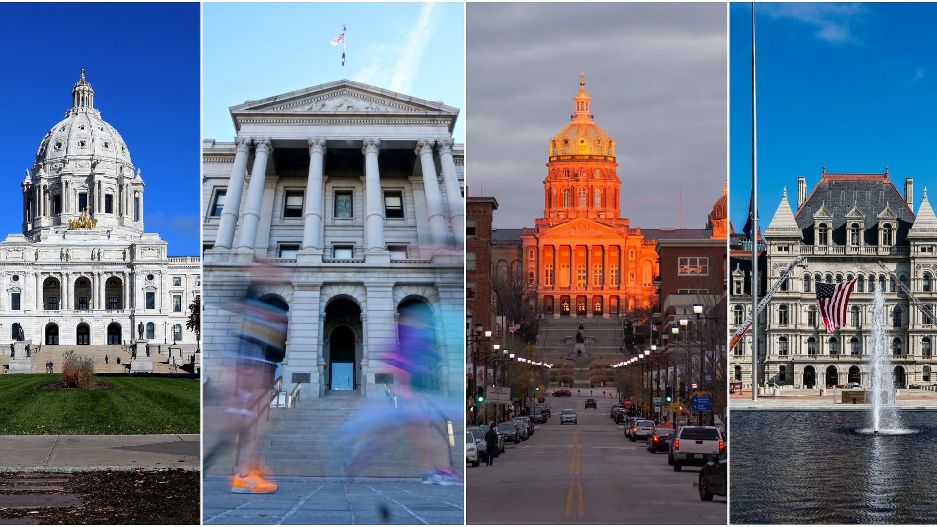 A collage of various state capitol buildings. 