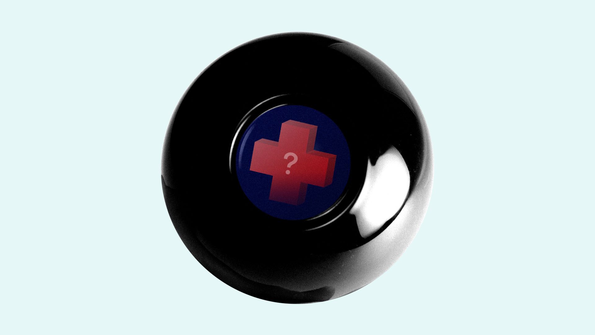 Illustration of Magic 8 Ball with a red cross symbol inside with a question mark on it