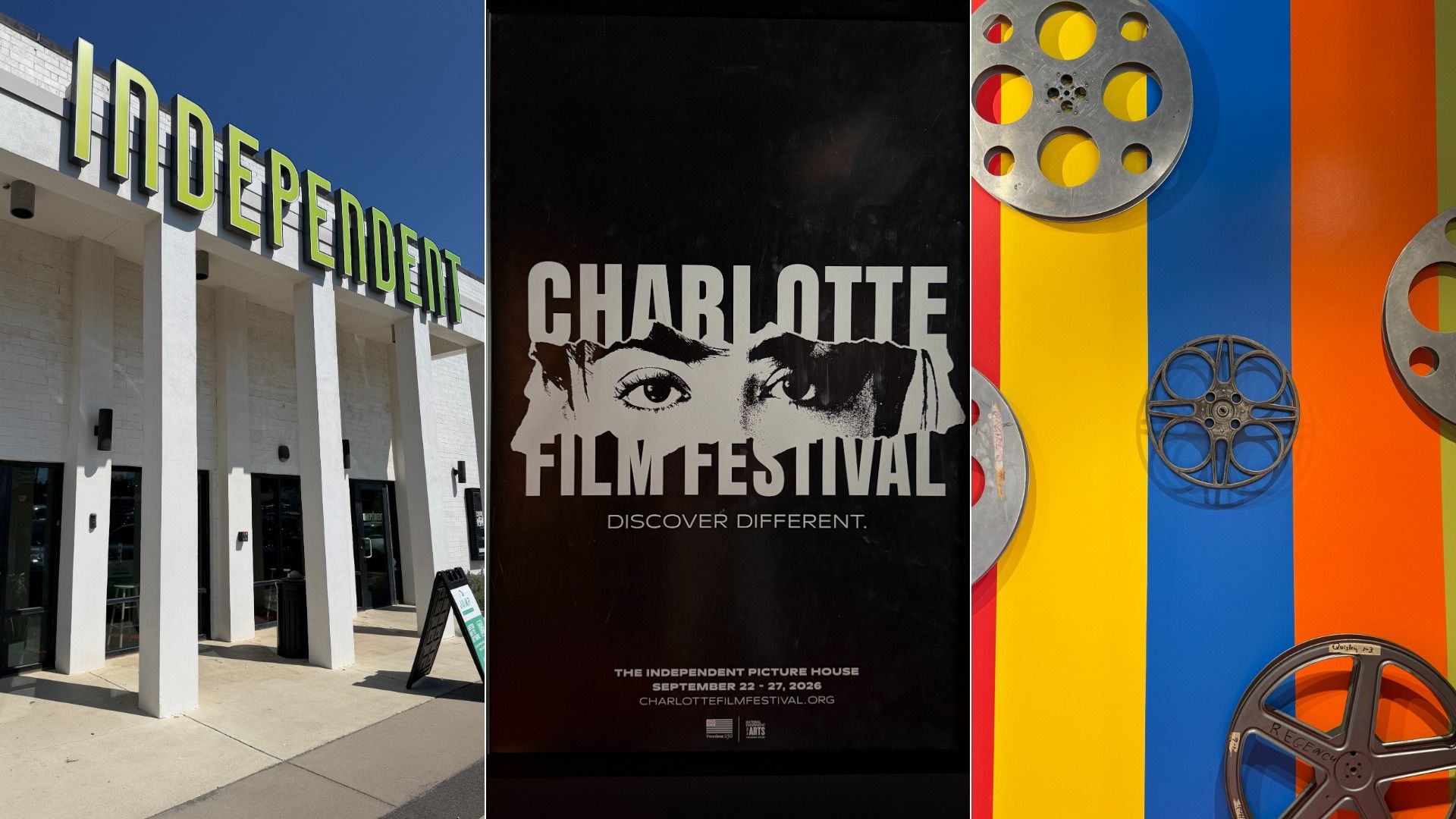 Triptych collage: left white building with lime-green "INDEPENDENT" letters; center black poster "CHARLOTTE FILM FESTIVAL" with "DISCOVER DIFFERENT"; right bright stripes with film reels.