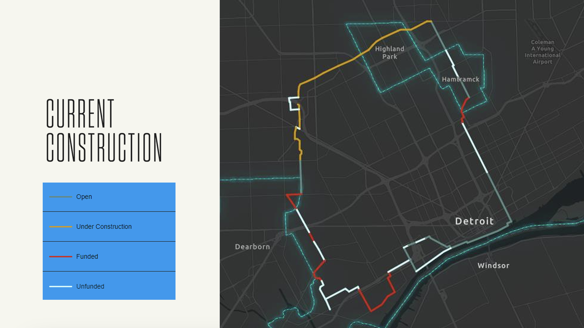 A map showing places along the Joe Louis Greenway where construction is done, and not done.