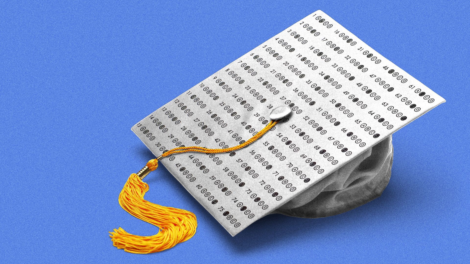 Illustration of a standardized test on top of a graduation cap. 
