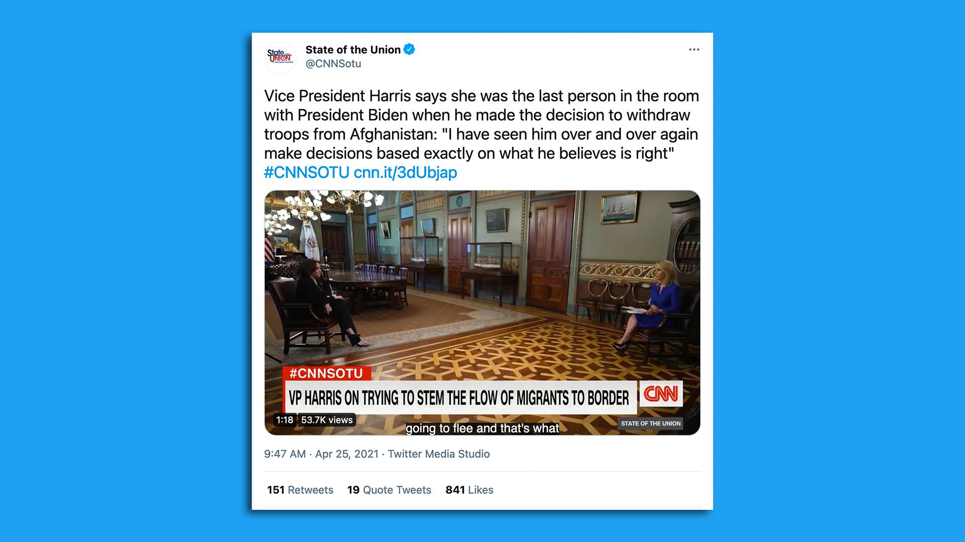 A screenshot shows a CNN tweet with Vice President Kamala Harris saying she was the last person in the room when President Biden decided with withdraw all U.S. troops from Afghanistan.