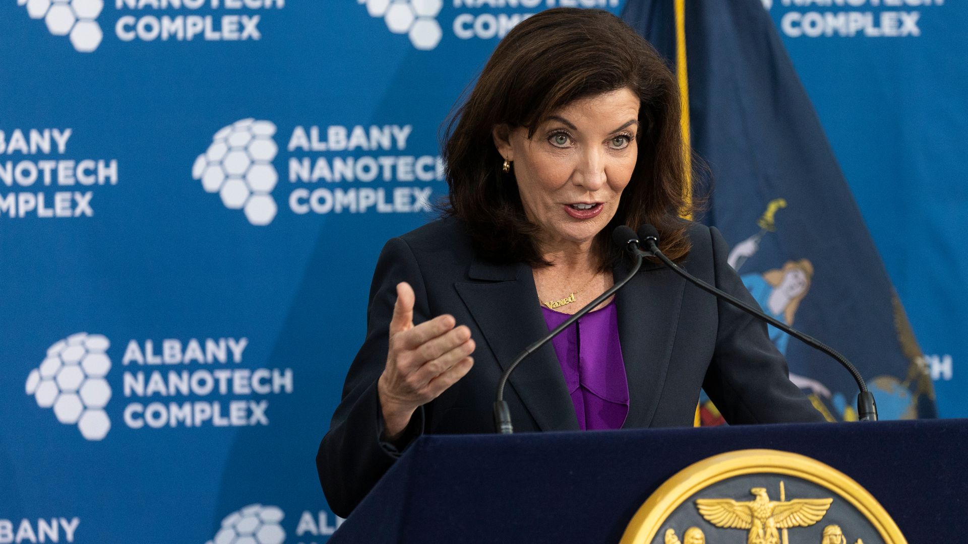 New York Gov. Kathy Hochul (D) speaking in Albany in January 2021.