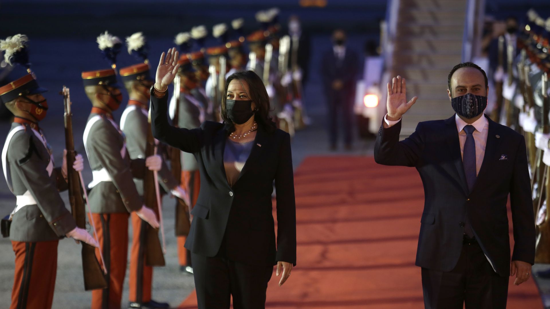 U.S. Vice President Kamala Harris greets next to Foreign Minister of Guatemala Pedro Brolo after her arrival at the La Aurora airport on June 06, 2021 in Guatemala City, Guatemala.