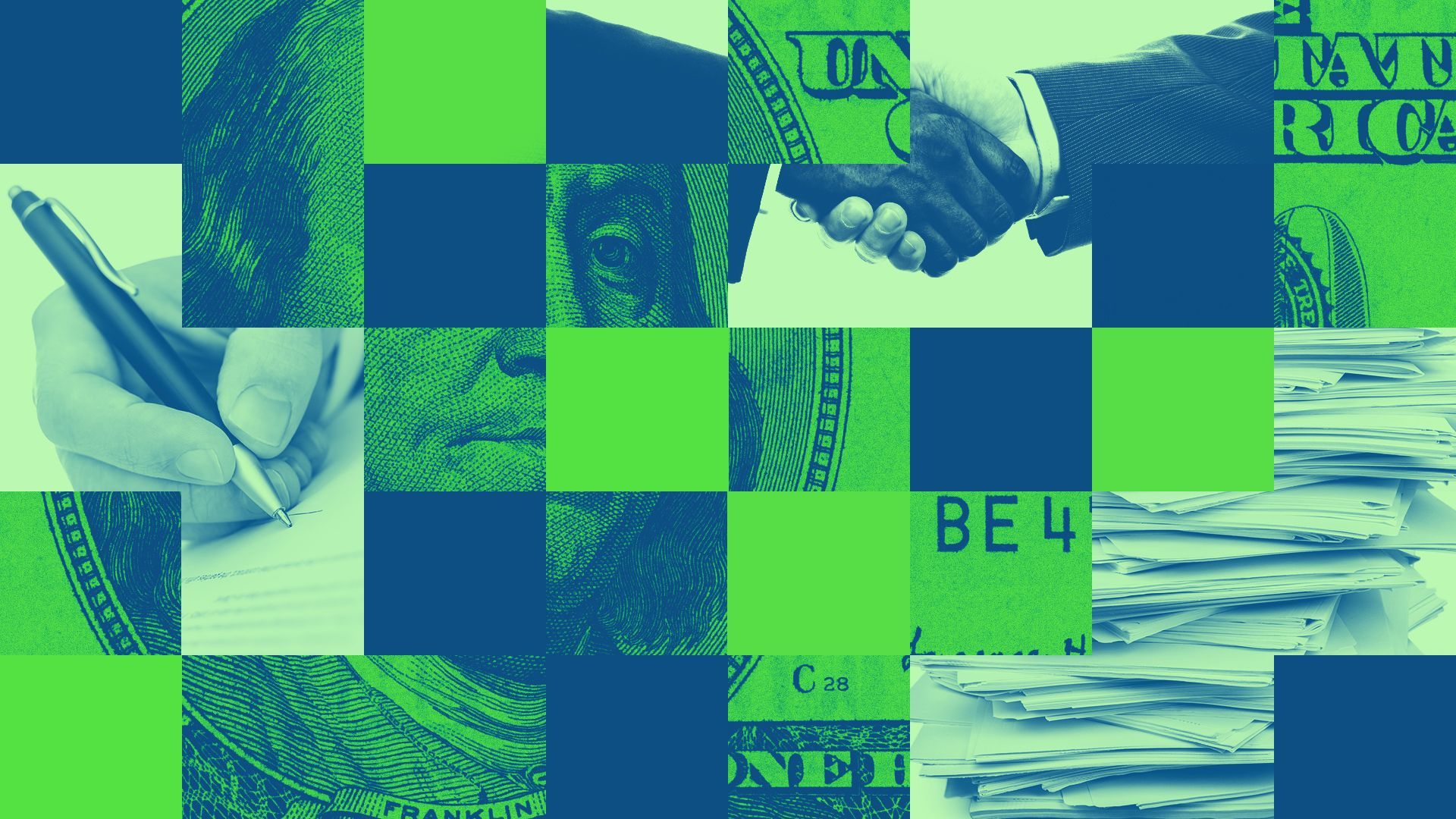 an illustration of colorful rectangles, cutouts of a 100 dollar bill, and business deal related photographs