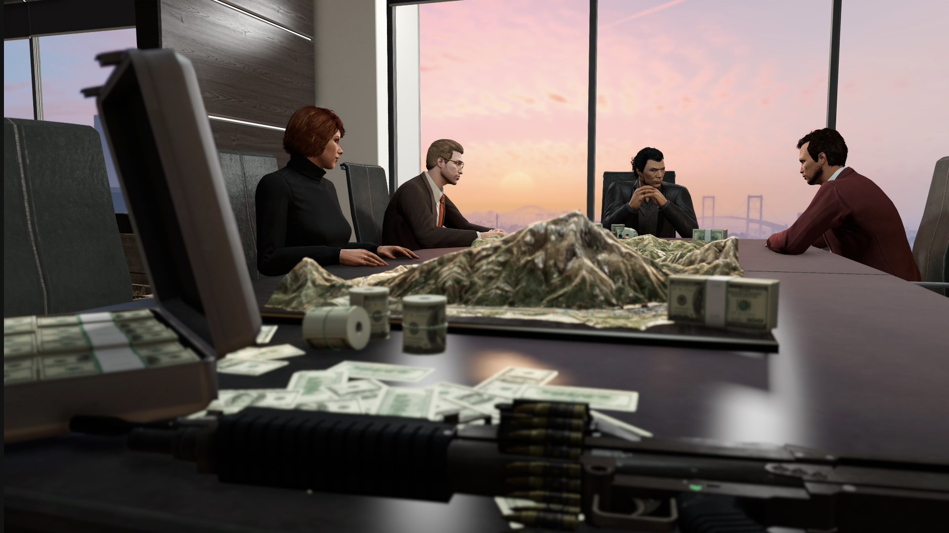 Video game screenshot of people in a highrise boardroom with money and a gun on the table