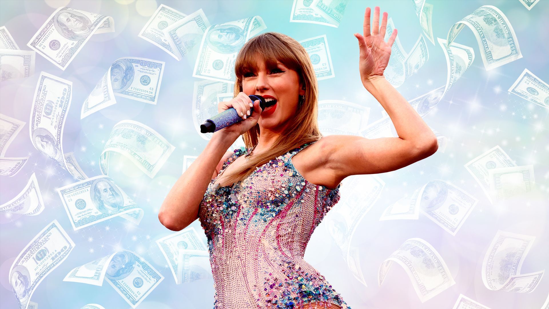 Illustration of Taylor Swift with hundred dollar bills falling like confetti in the background