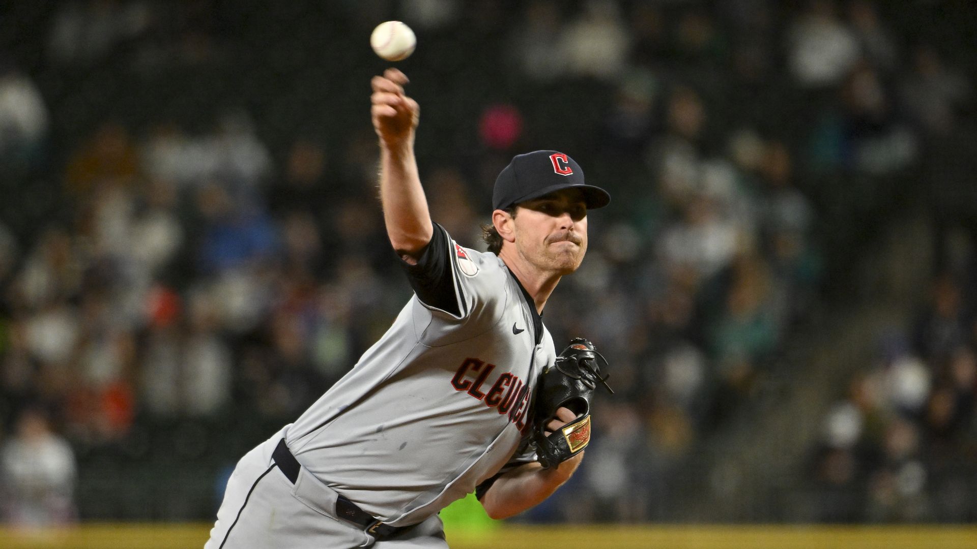 Cleveland Guardians pitcher Shane Bieber throws a pitch. 