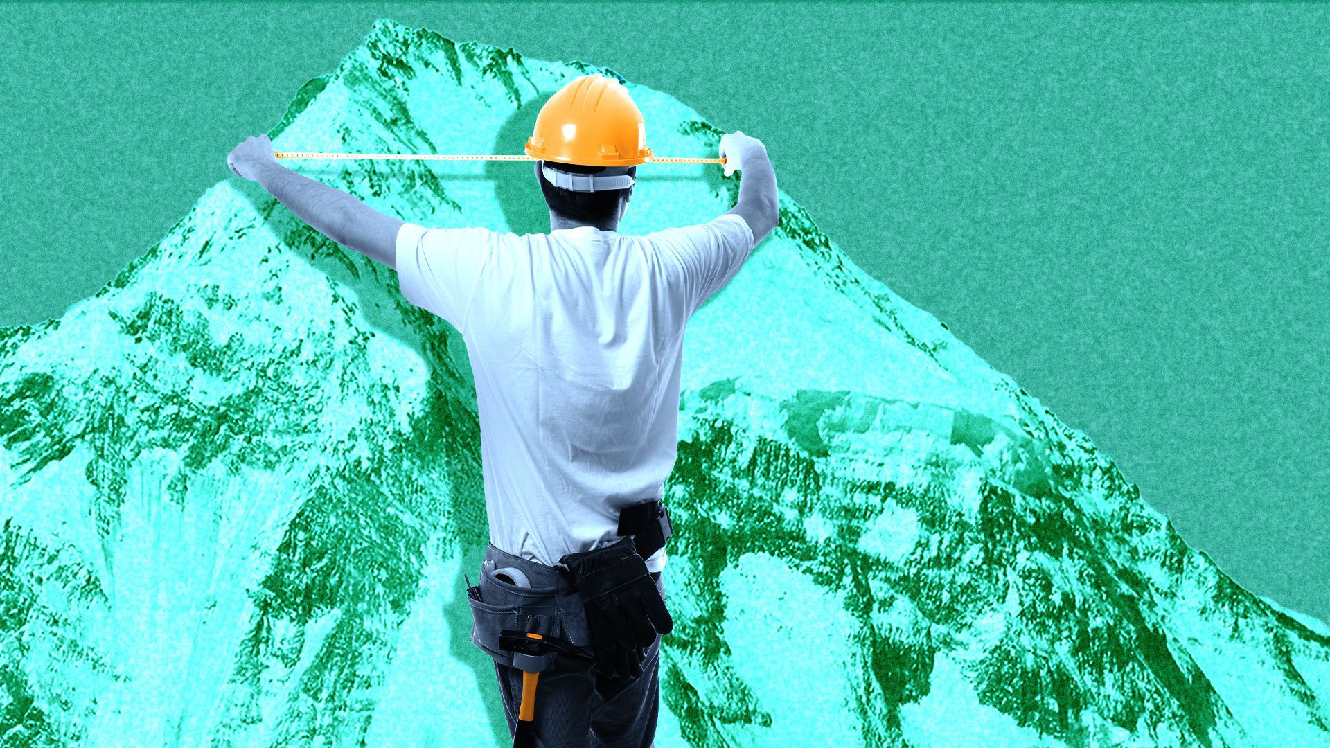 Illustration of a builder measuring the width of a mountain peak.