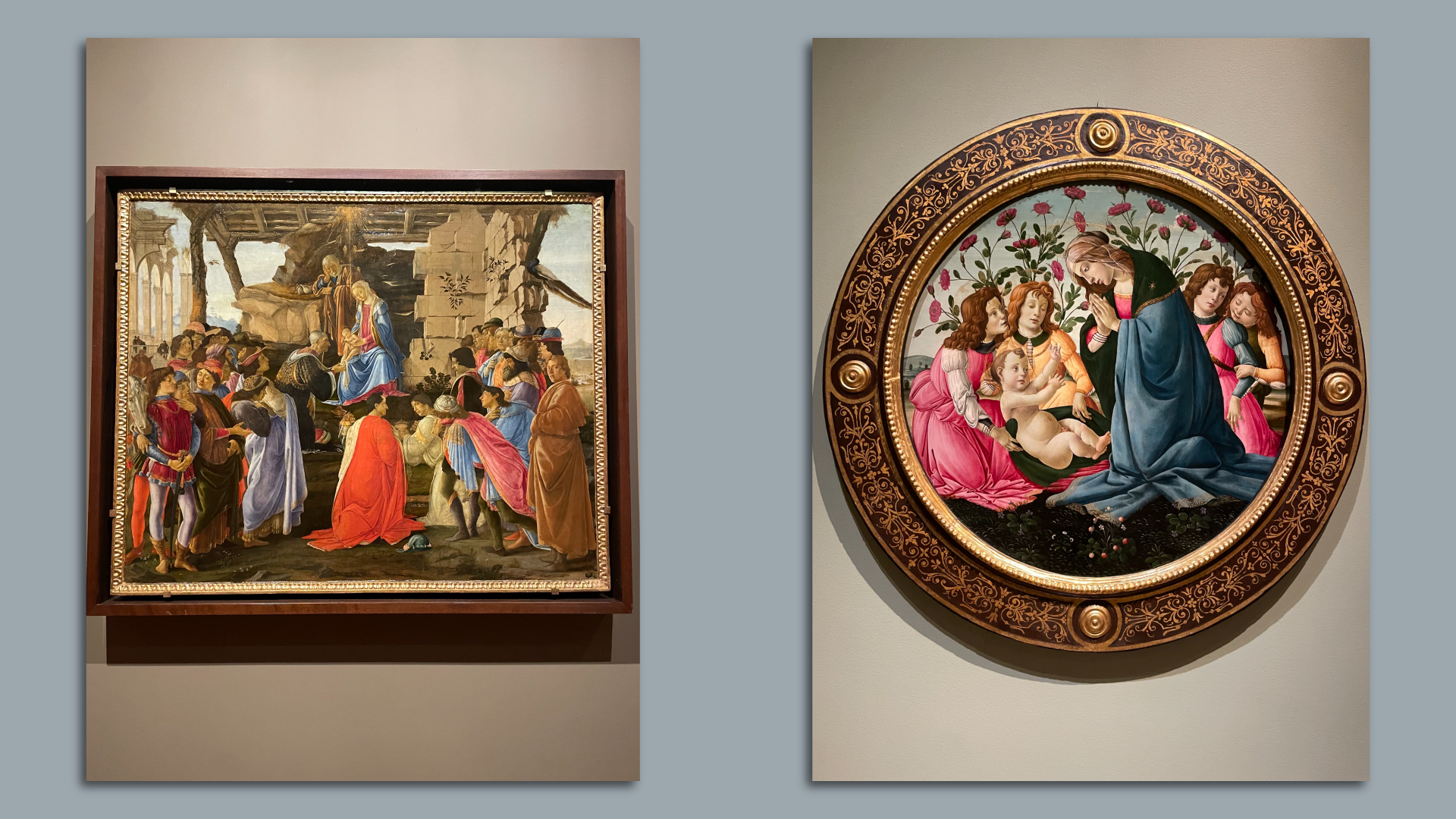 Two paintings by Sandro Botticelli, depicting a group of men gathered around the Magi and a woman surrounded by young children.