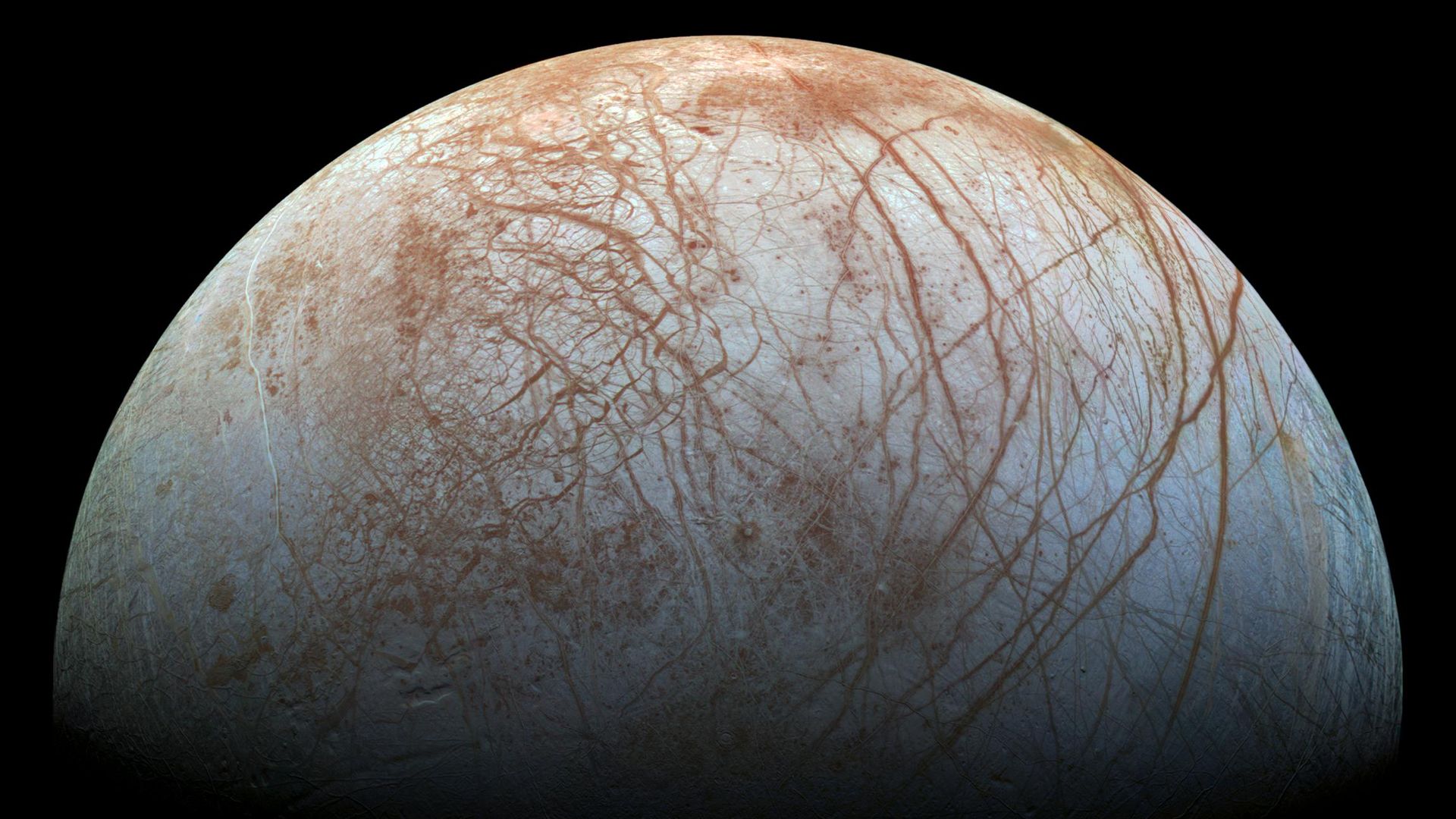 Europa seen against the blackness of space.