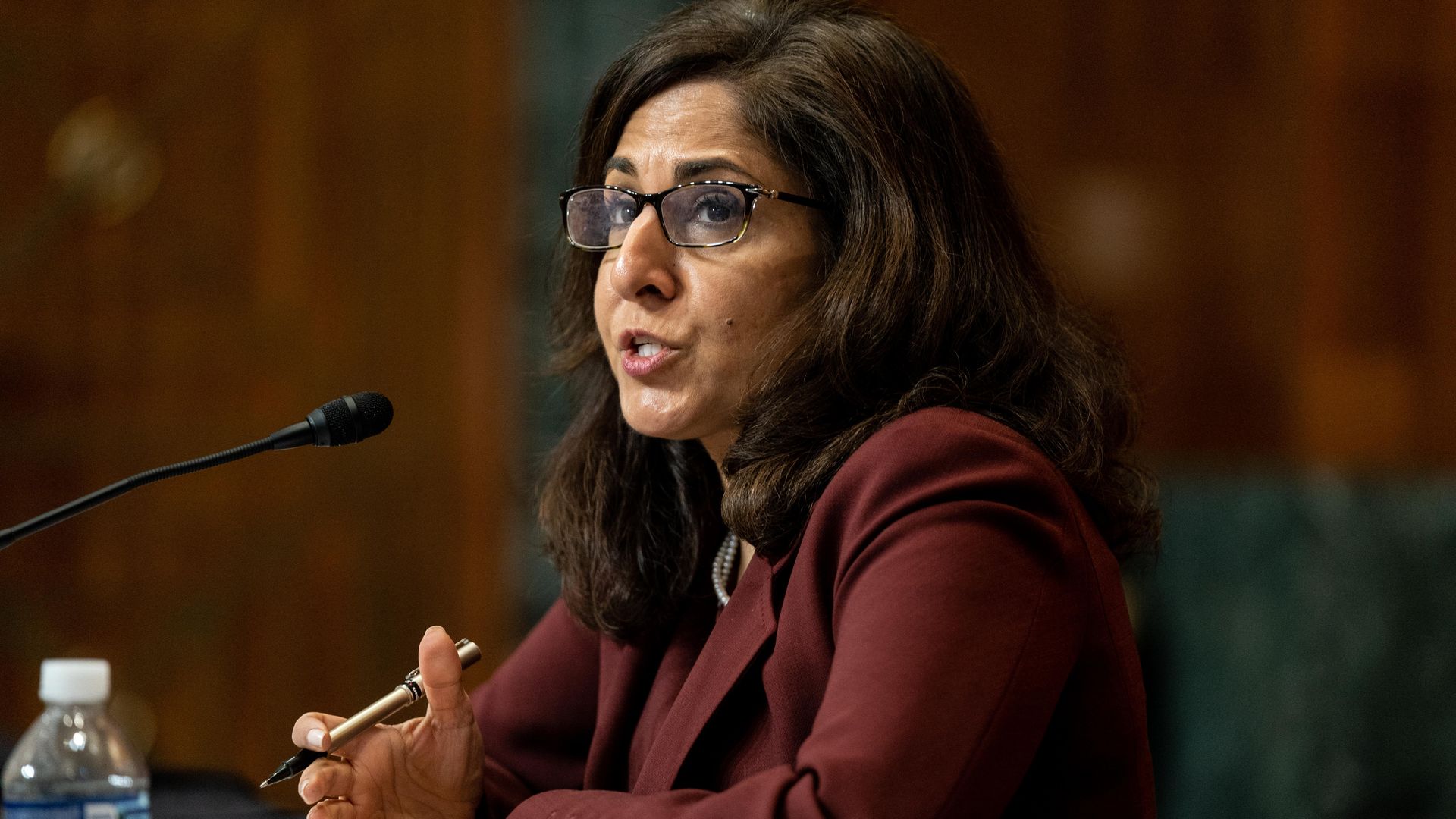 Neera Tanden testifying before the Senate Budget Committee in Washington, D.C., in February 2021.