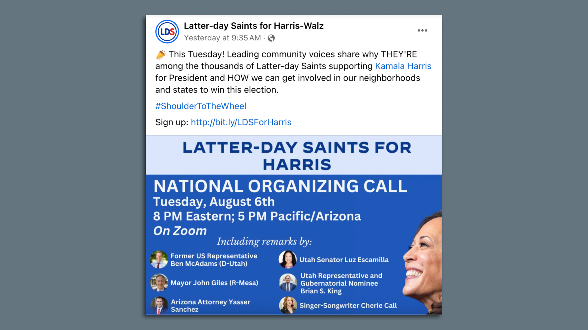 A Facebook ad for a national organizing call for Latter-day Saints for Harris