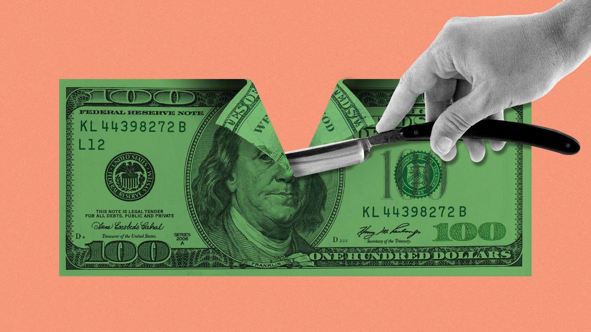 Illustration of a hundred dollar bill being cut in half with a razor. 