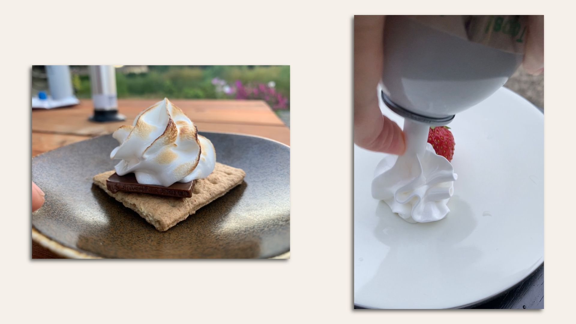 At left, a s'mores graham cracker with a whipped marshmallow topping; at right, a can dispenses the marshmallow onto a plate.