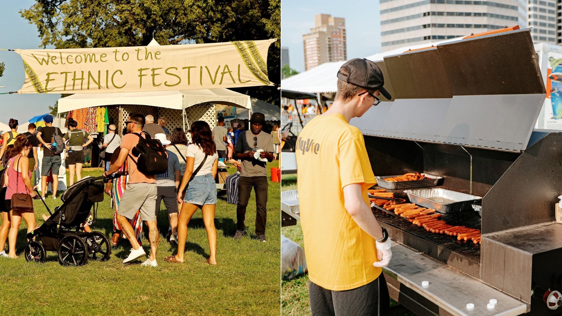Split image: left shows a sunny ethnic festival with a "Welcome to the Ethnic Festival" banner and a crowd; right shows a man in a yellow shirt grilling hot dogs at a large outdoor grill with a city skyline behind.