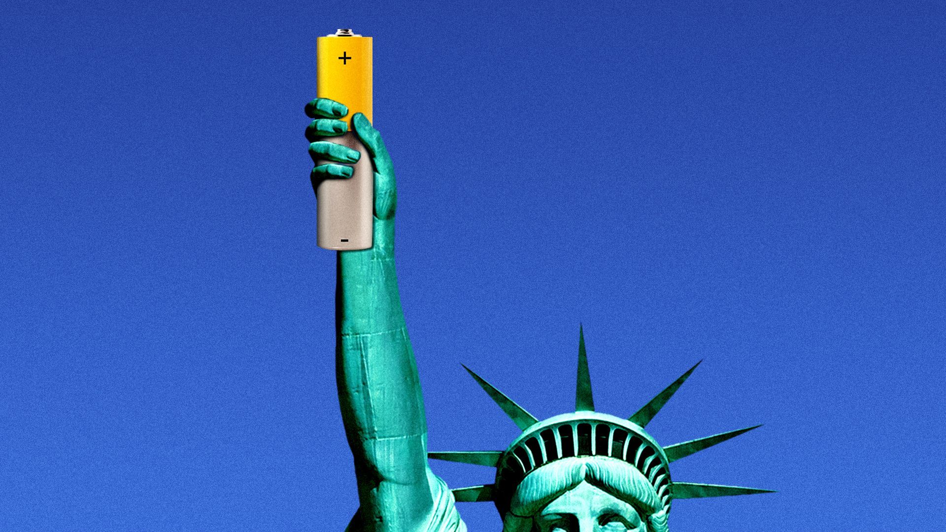 an illustration of the statue of liberty holding a battery instead of a torch