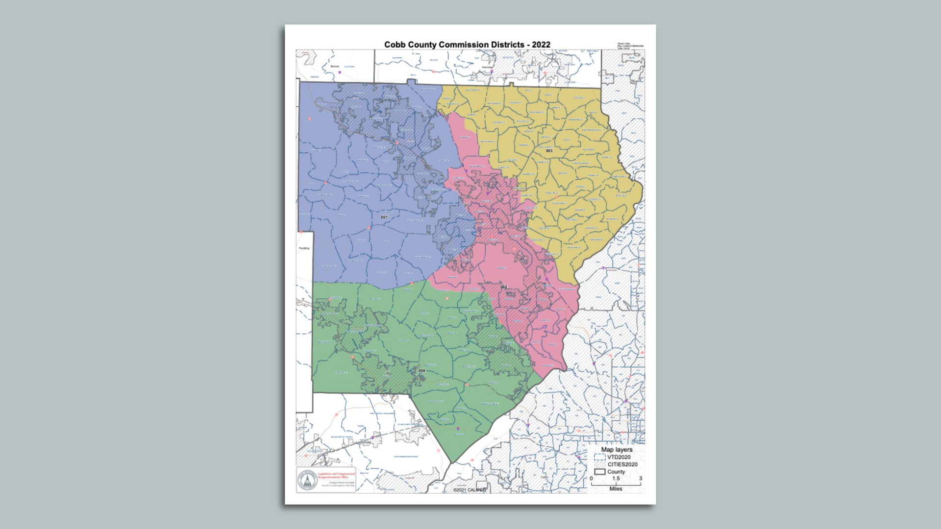 An image of the Cobb County Commission district map drawn by the state legislature in 2022.