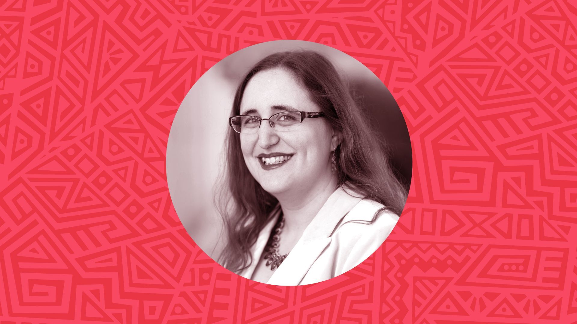 Photo illustration of Regina Mills surrounded by an abstract patterned background.