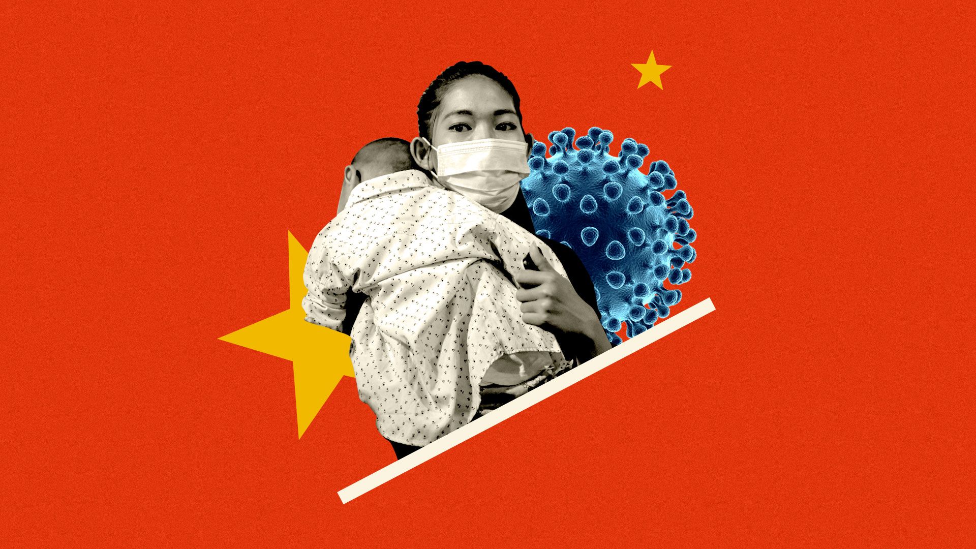 Photo illustration of a woman with a face mask holding a child. A Coronavirus is behind her.