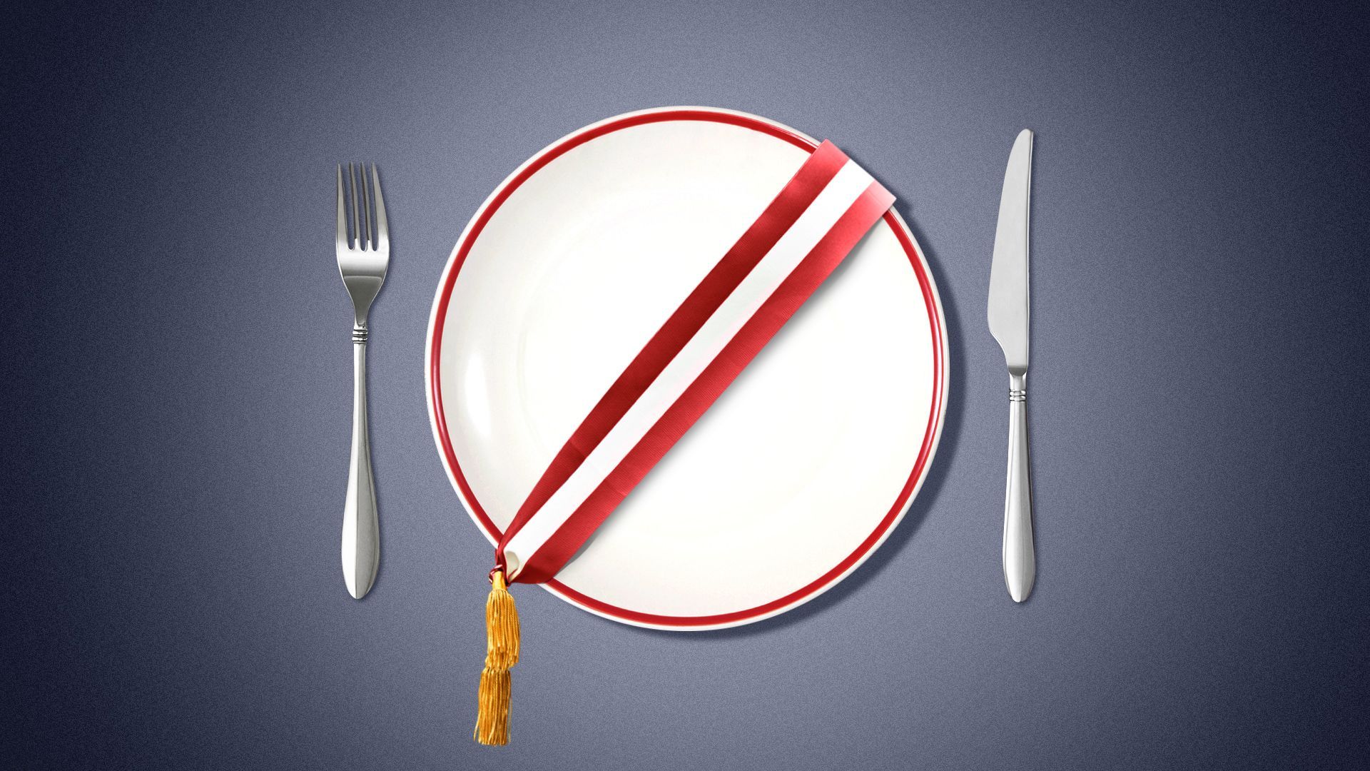 Illustration of an empty plate with a red rim, wearing a red mayoral sash tied around it diagonally creating a "No" symbol. 