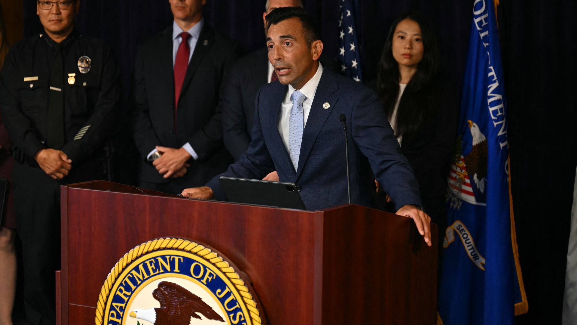 US Attorney for the Central District of California, Martin Estrada, speaks during a press conference on August 15, 2024, announcing arrests in the death of "Friends" actor Matthew Perry, in Los Angeles.