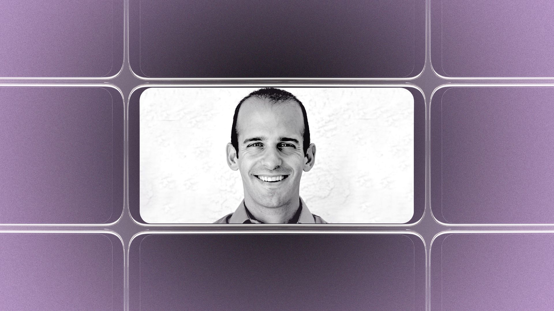 Photo illustration of a grid of smartphone screens, the center one showing an image of Joel Gratz.