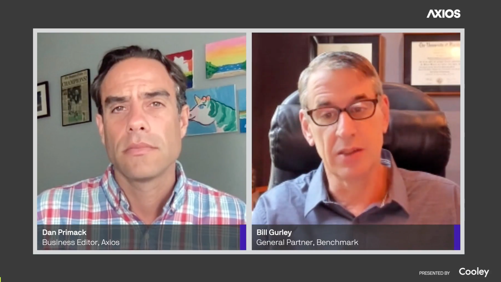 Axios reporter Dan Primack (left) and venture capitalist Bill Gurley (right) speaking Wednesday.