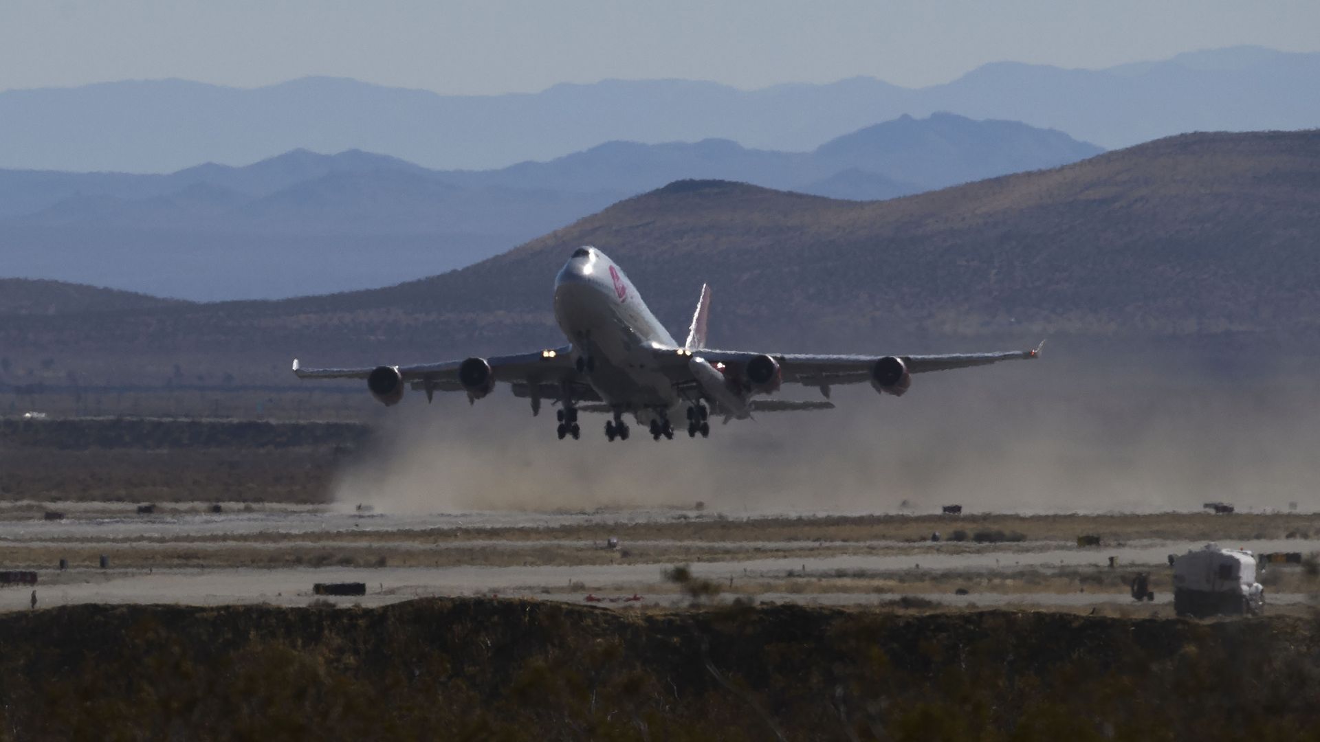 The Virgin Orbit "Cosmic Girl" takes off for the Launch Demo 2 mission from Mojave Air and Space Port on January 17, 2021 in Mojave, California. 