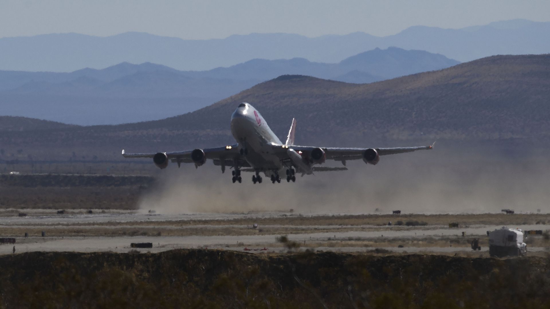 The Virgin Orbit "Cosmic Girl" takes off for the Launch Demo 2 mission from Mojave Air and Space Port on January 17, 2021 in Mojave, California.