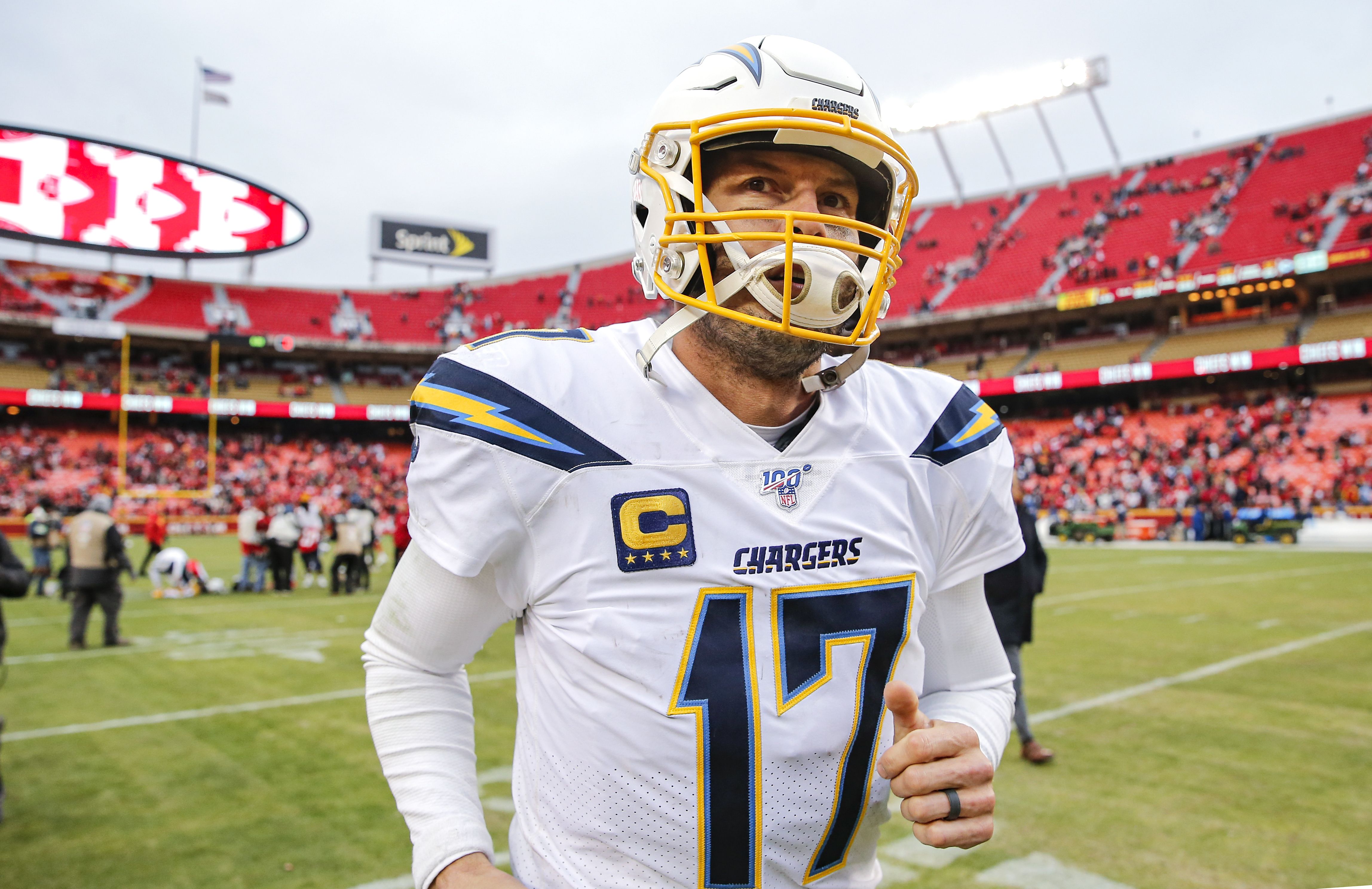 Philip Rivers #17 of the Los Angeles Chargers ran off the field following the 31-21 loss to the Kansas City Chiefs at Arrowhead Stadium on December 29, 2019 in Kansas City, Missouri. (Photo by David Eulitt/Getty Images)