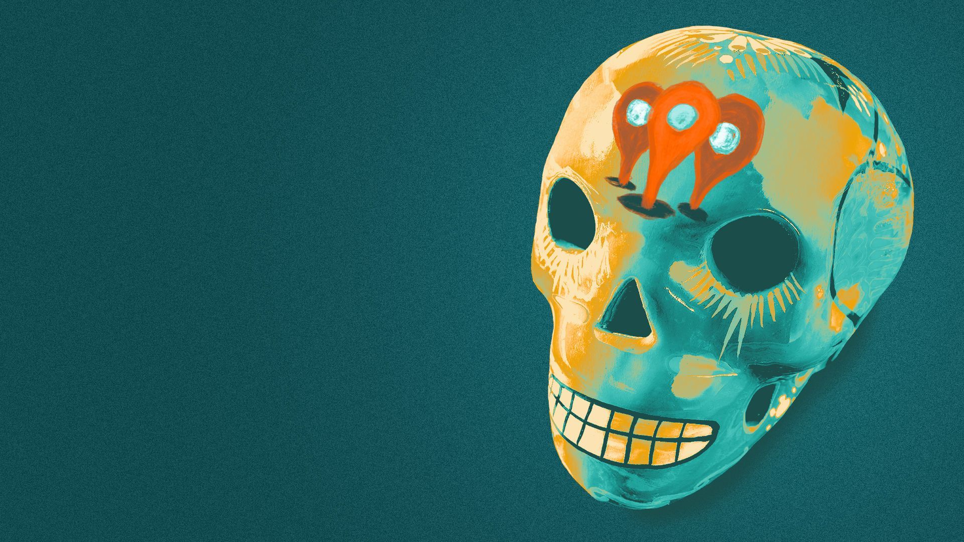 Illustration of a sugar skull with three GPS location pins on its forehead.