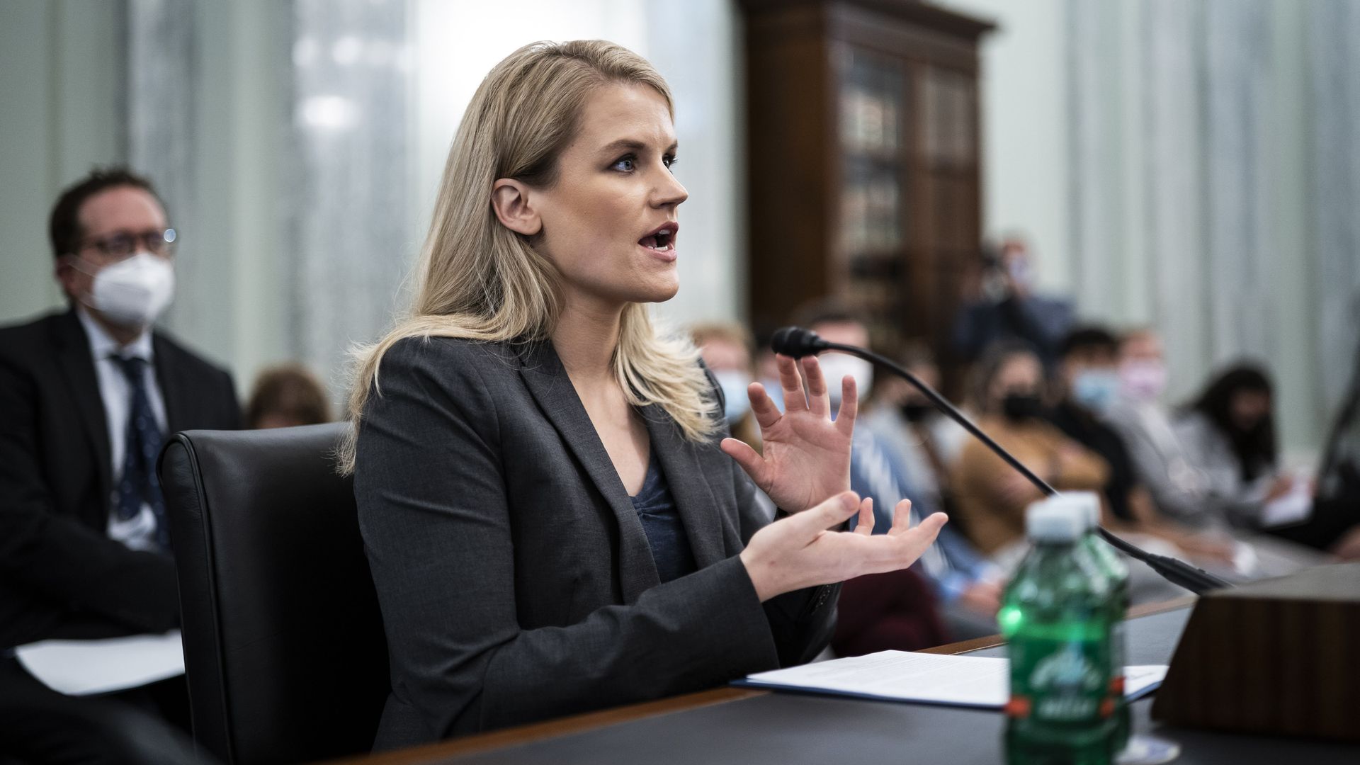 Former Facebook employee and whistleblower Frances Haugen testifies during a Senate Committee on Commerce, Science, and Transportation hearing.