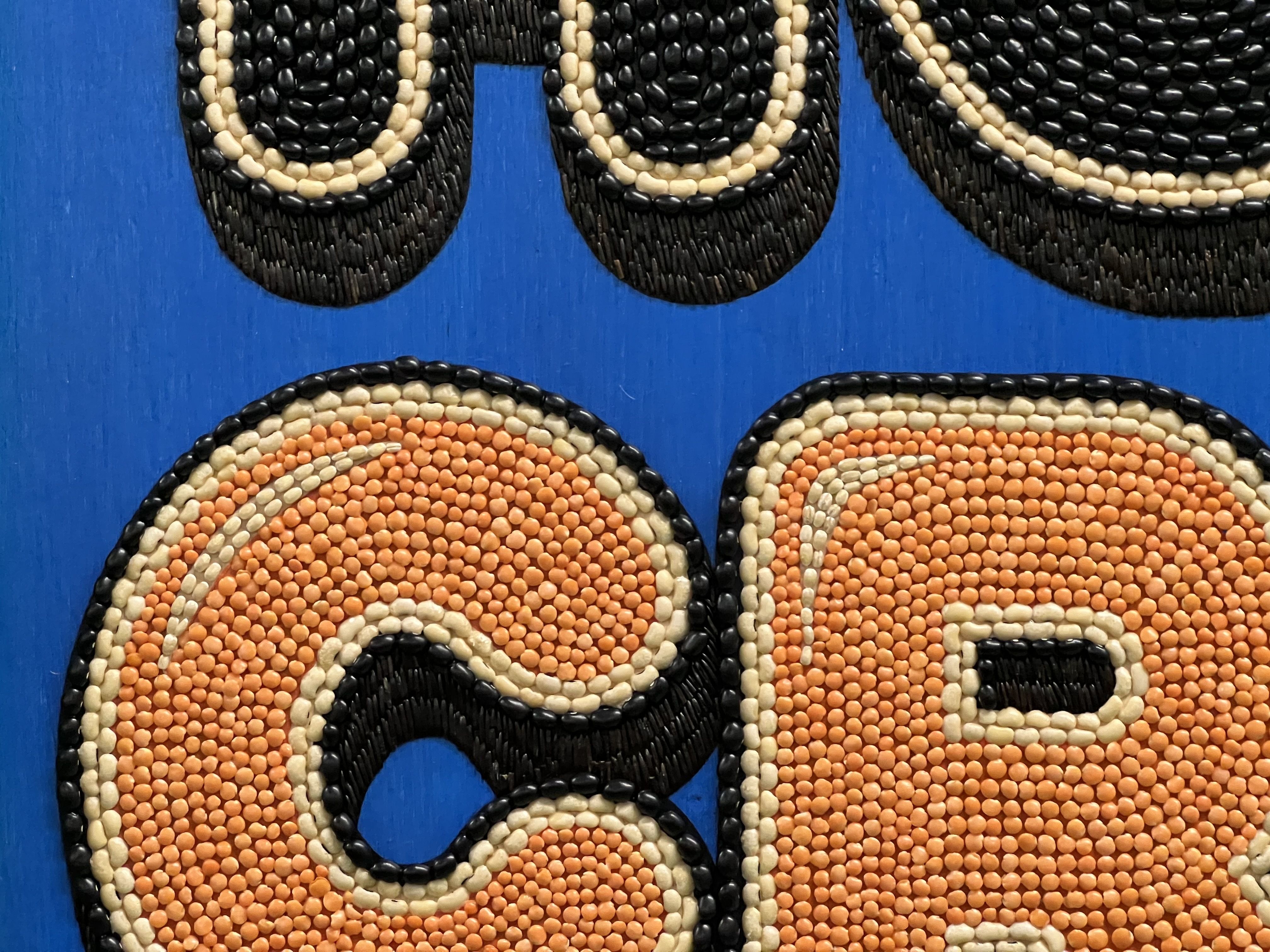 An up close look at seed art made on a blue background, using black beans, barley, lentils, and wild rice