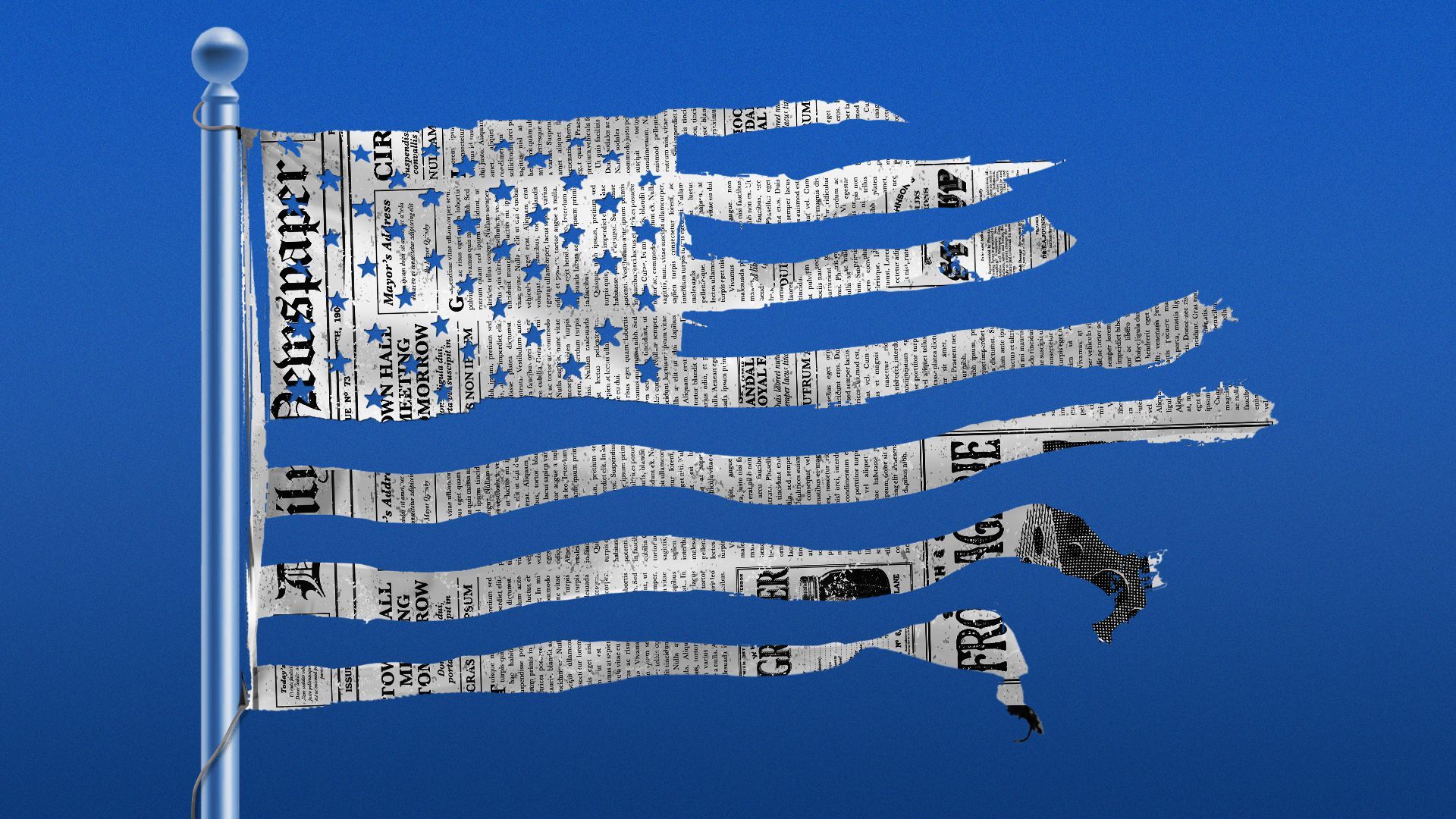 Illustration of a tattered newspaper flying on a flagpole. 