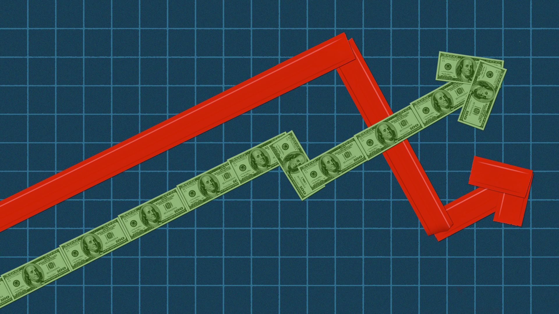Illustration of two zig-zagging, upward, lines on a graph, one made out of money, and the other made out of red tape.