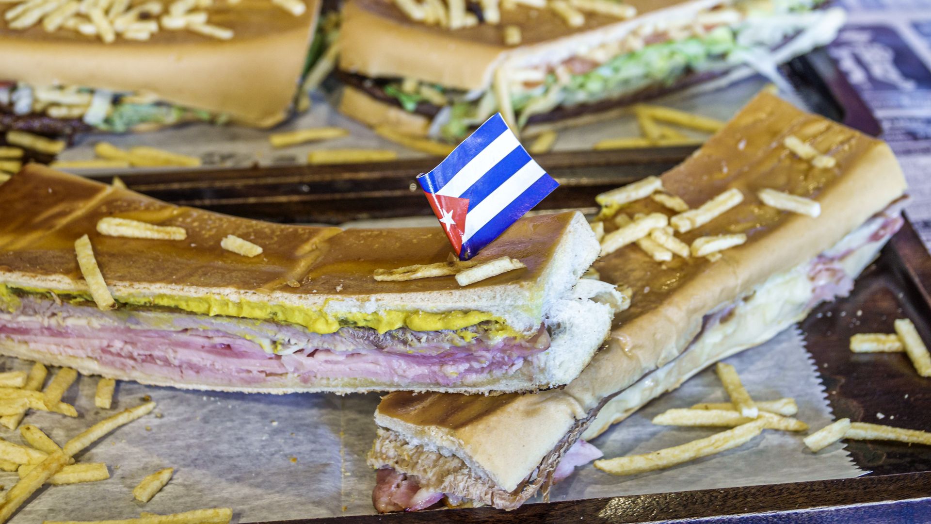 Little Havana, Miami, Florida, El Pub restaurant, Cubano sandwich with matchstick fries.