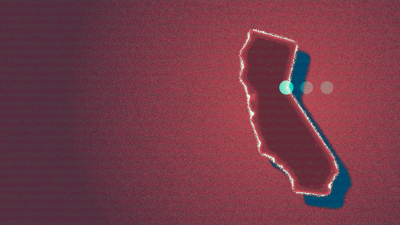 Animated illustration of the state of California glitching, with an ellipsis cycling through its dots on top of it.
