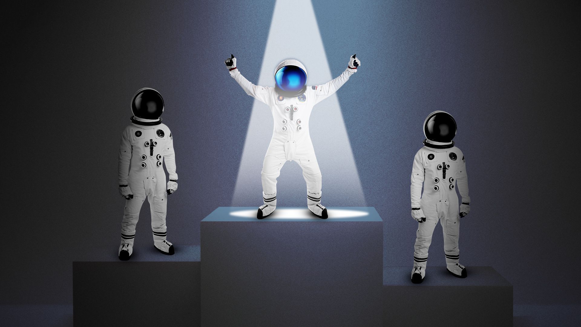 Illustration of three astronauts on a sports podium with the astronaut on the highest podium celebrating.