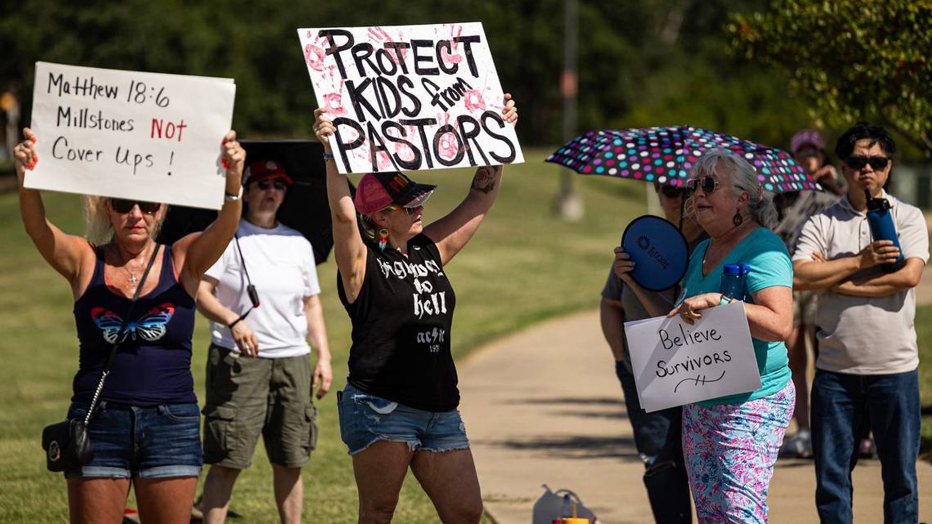 People gather outside Gateway Church in protest of child sexual abuse in the church following allegations against Robert Morris, on Saturday, June 22, 2024, in Southlake, Texas. 