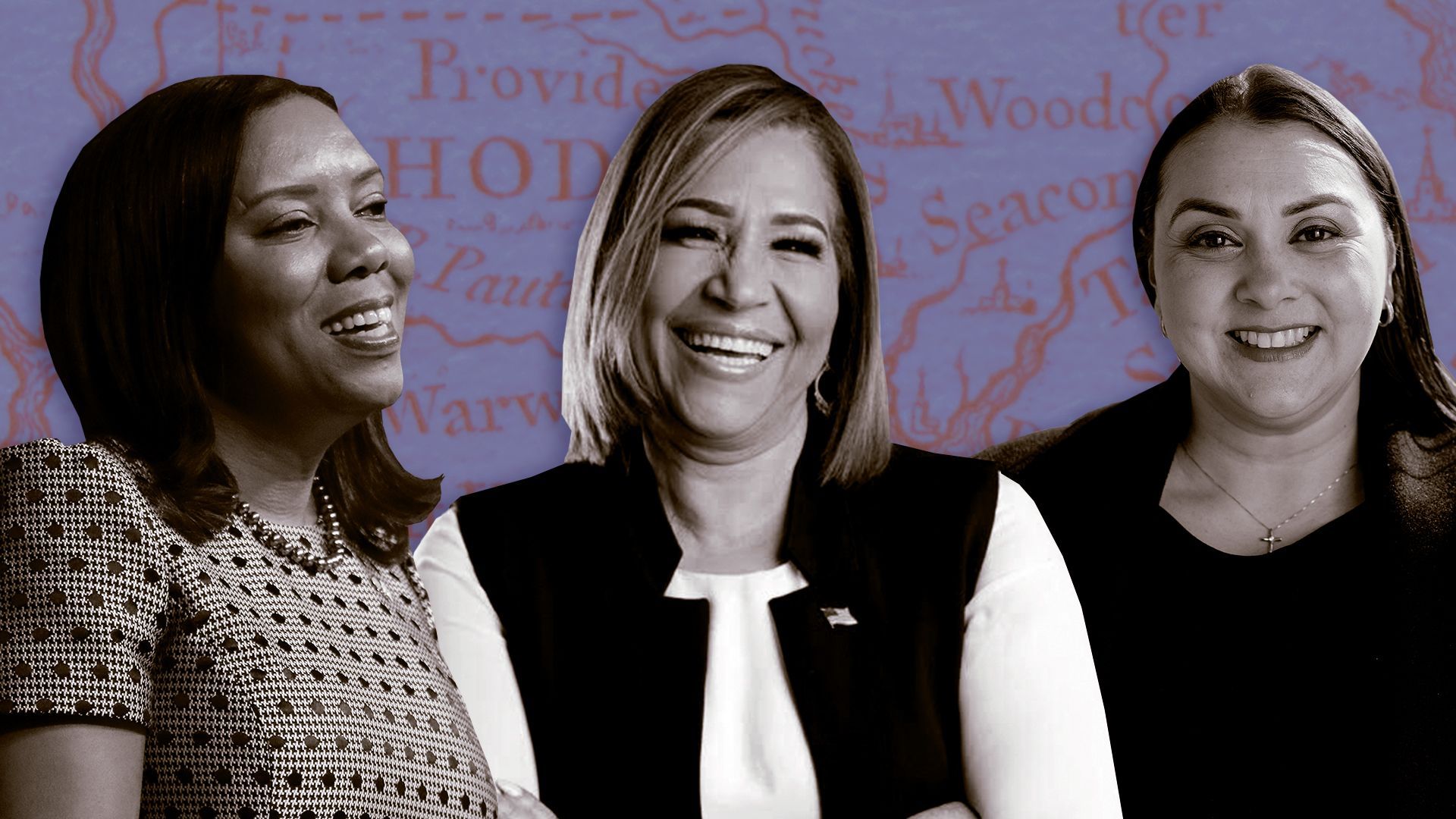 Photo illustration of Sabina Matos, Ana Quezada, and Sandra Cano in front of a map of Rhode Island.
