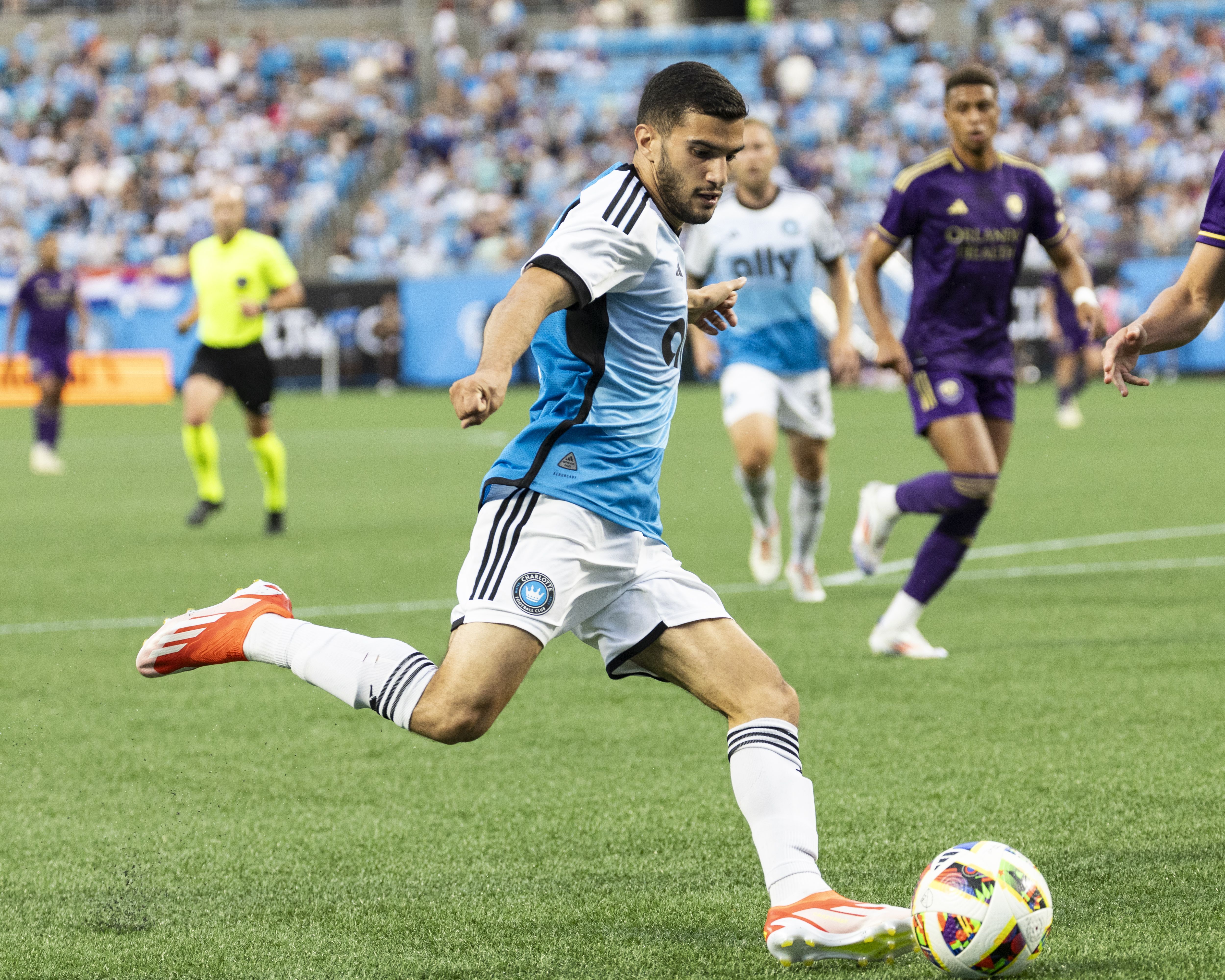 Liel Abada #11 of Charlotte FC crosses the ball during a game between Orlando City SC and Charlotte FC at Bank of America Stadium on June 19, 2024 in Charlotte, North Carolina. (Photo by Steve Limentani/ISI Photos/Getty Images)