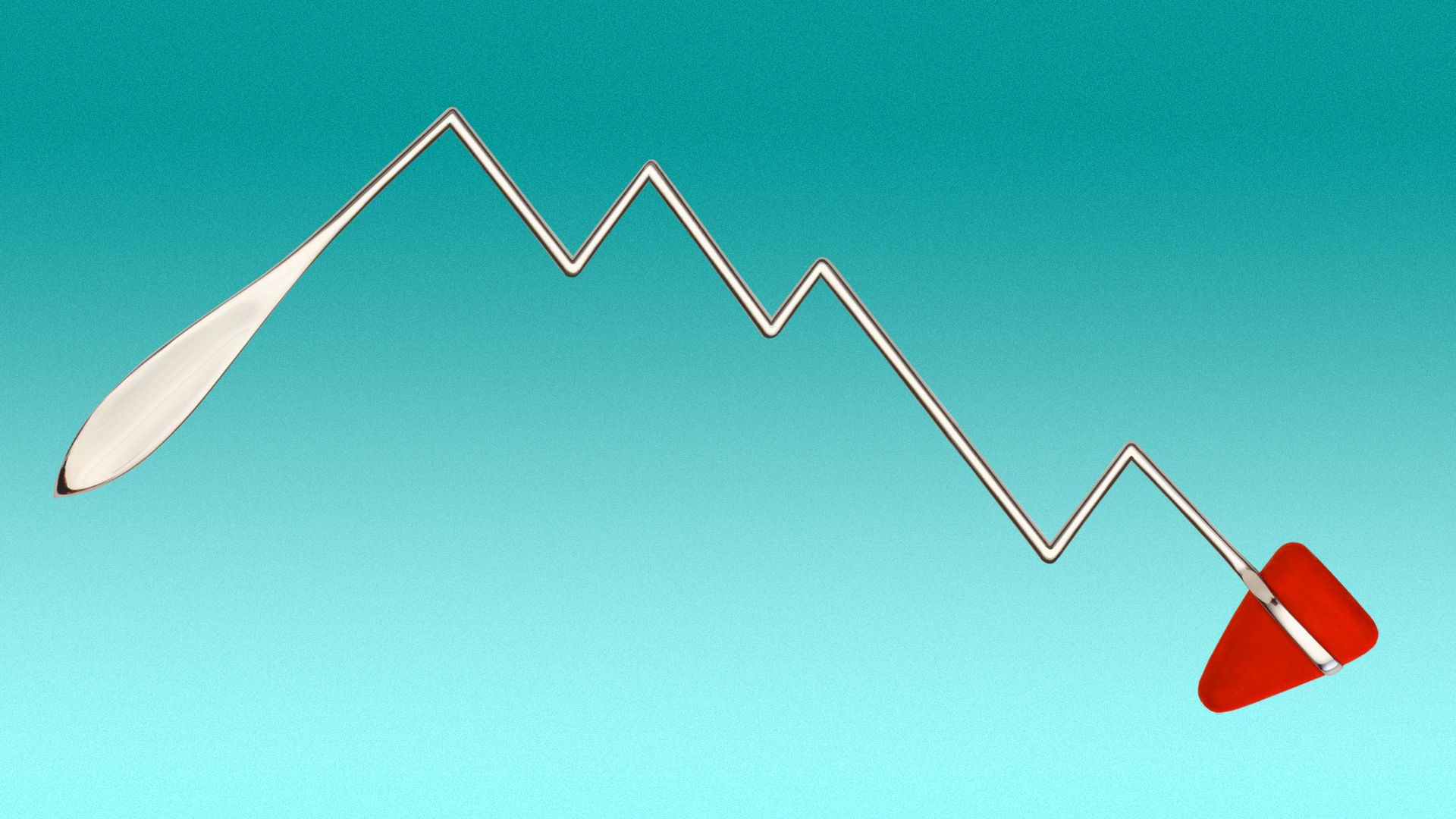 Illustration of a medical reflex hammer bent into the shape of a downward turning trend line