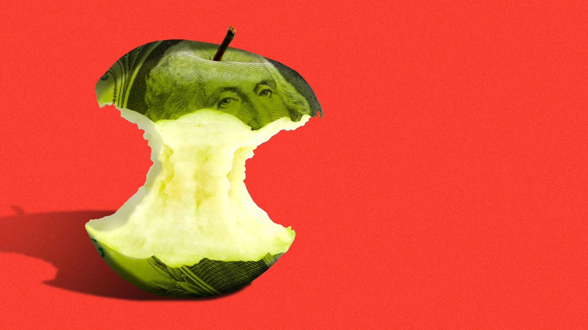 Illustration of an eaten apple with a skin made of a dollar bill