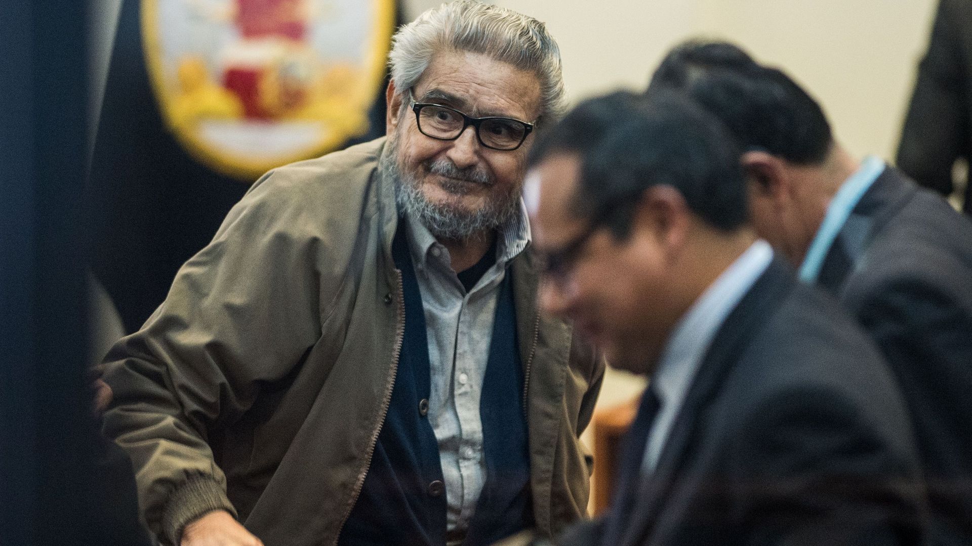 Showing Abimael Guzman (L), the imprisoned leader of the Shining Path Peruvian terrorist group, during his trial at the Navy Base in Callao, Peru, on June 27, 2017.