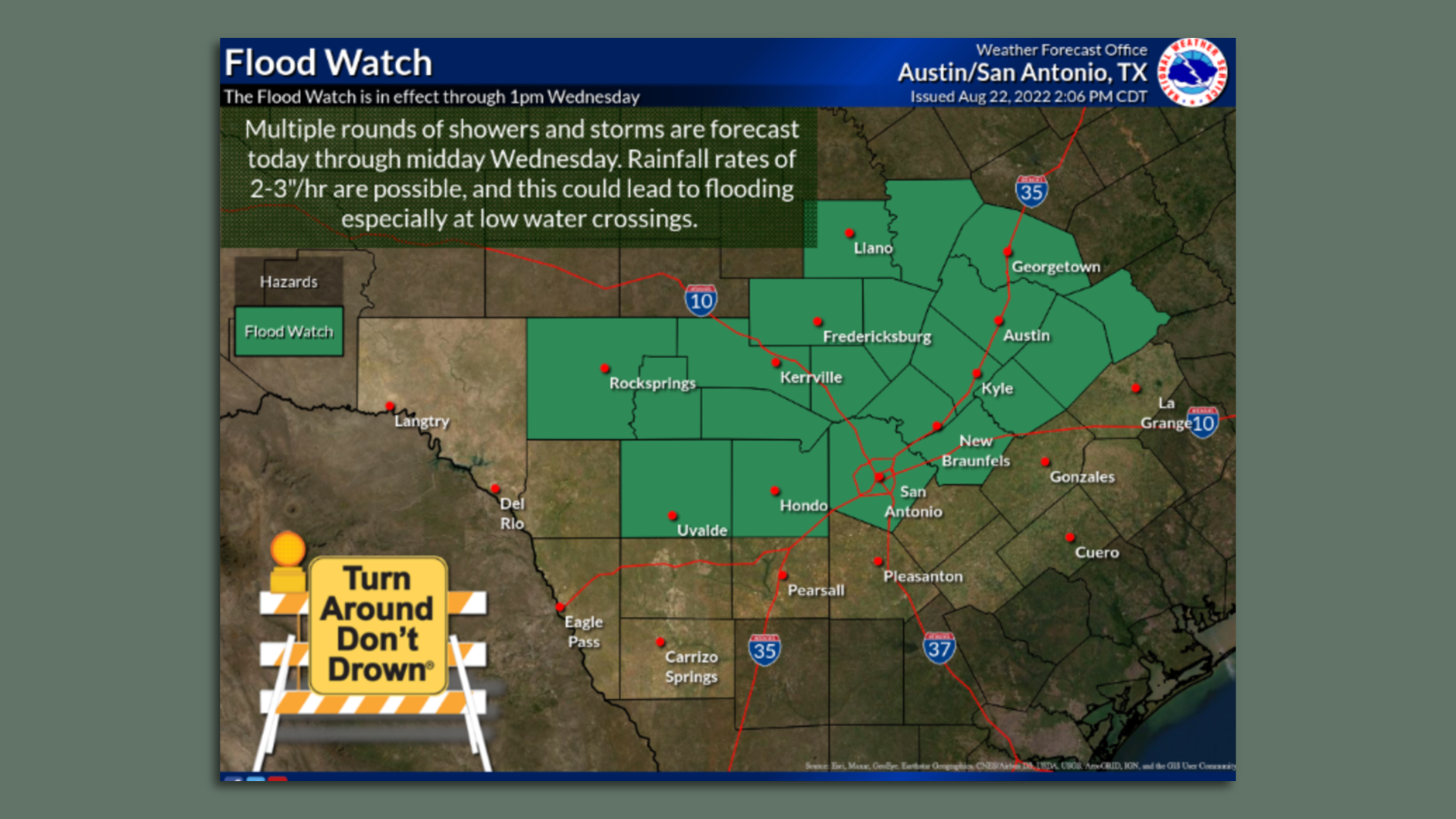 A screenshot of a flood warning issued by the National Weather Service