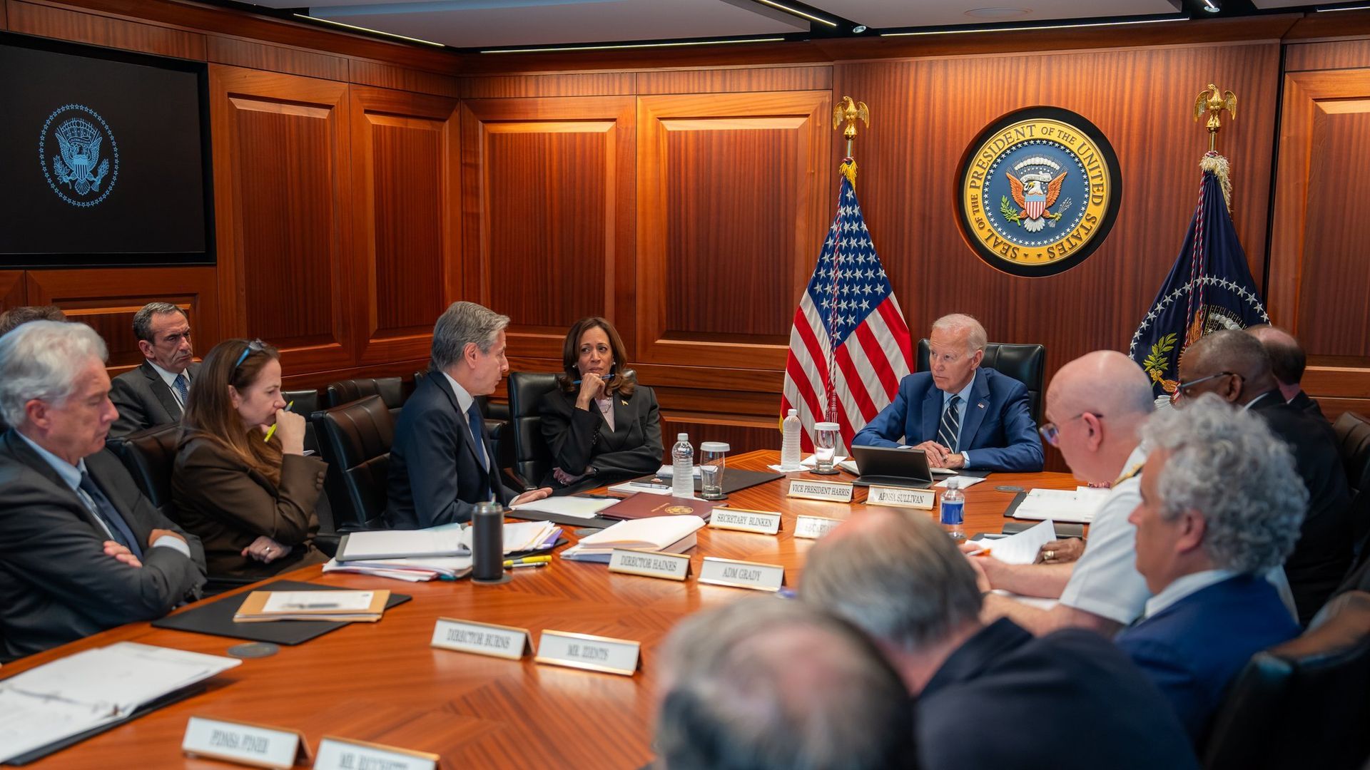 Biden and Harris briefed in situation room at the White House on Aug.5 2024